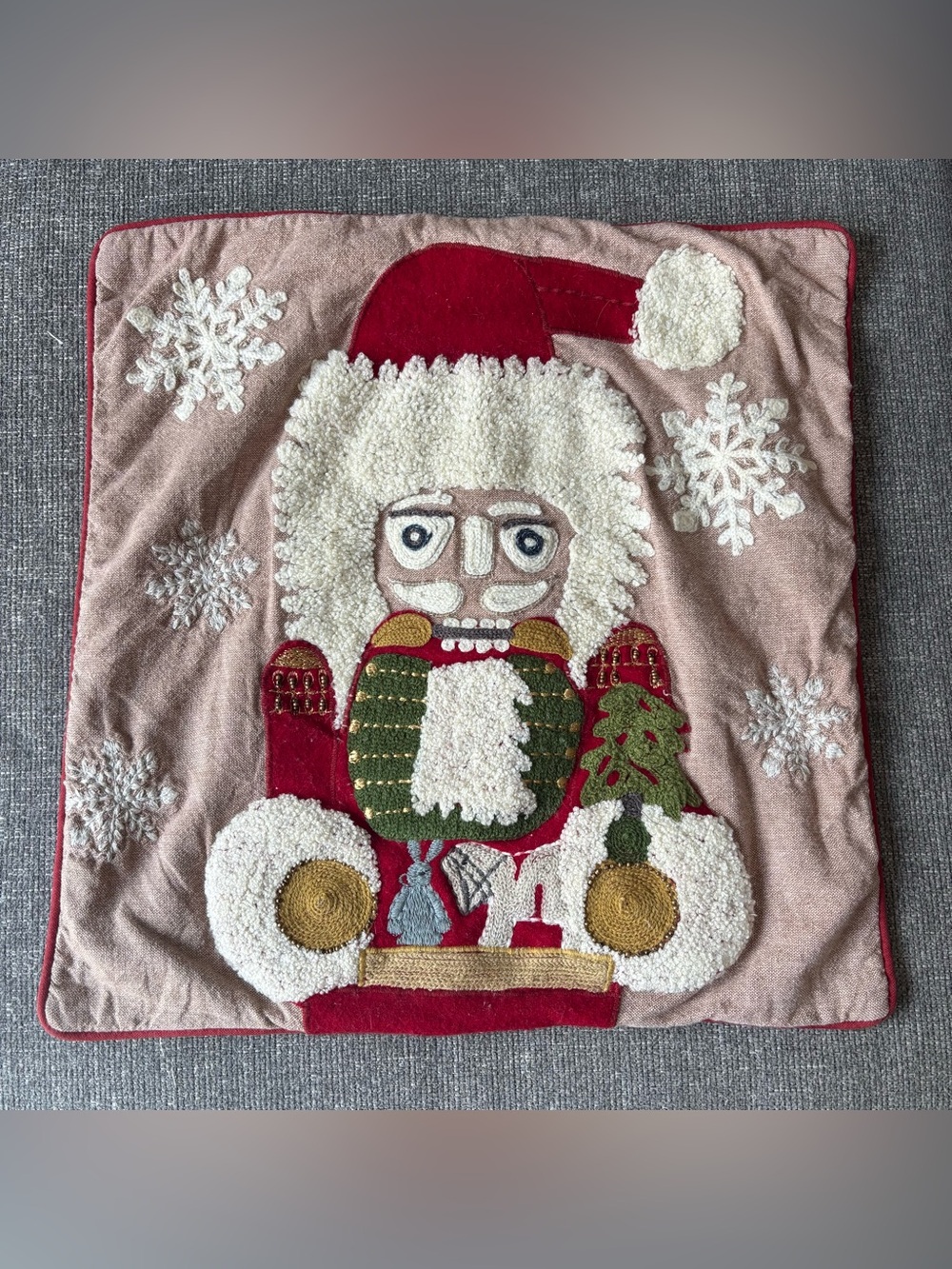 Pottery Barn Nutcracker Crewel Embroidered Appliqué Pillow Cover Christmas 18x18